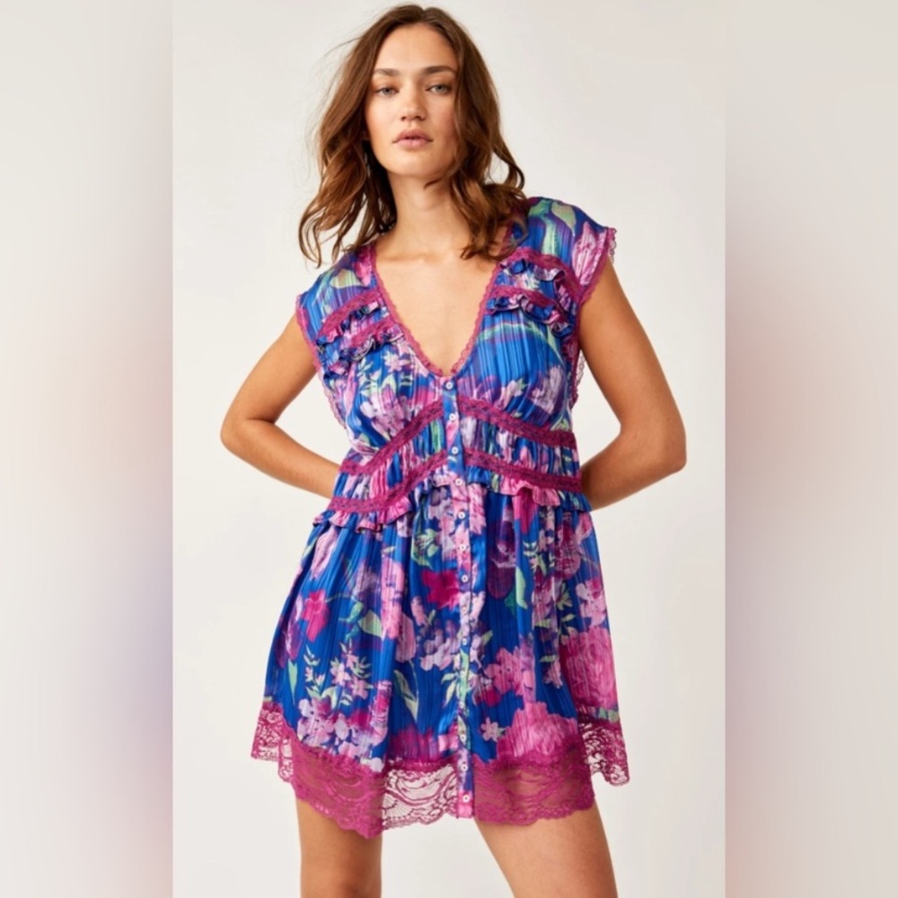 Free People Vibrant Floral Mini Dress in Blue and Purple